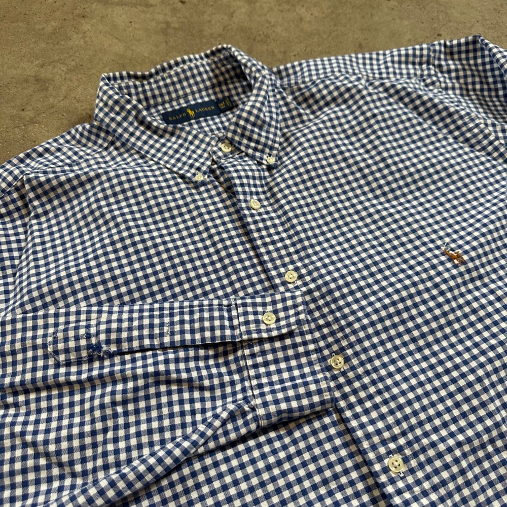 Ralph Lauren Button Down Men 3XLT Blue Gingham Check Plaid LS Shirt Flesh Pony - Picture 2 of 11